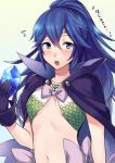  1girl ameno_(a_meno0) blue_eyes blue_hair blush bow cape circlet cosplay fire_emblem fire_emblem_awakening gloves holding long_hair lucina_(fire_emblem) nowi_(fire_emblem) nowi_(fire_emblem)_(cosplay) open_mouth ponytail simple_background solo translated upper_body white_background 