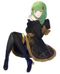  1girl boots bow commentary fire_emblem fire_emblem:_three_houses flayn_(fire_emblem) full_body garreg_mach_monastery_uniform green_eyes green_hair hair_ornament hands_clasped high_heel_boots high_heels highres knee_boots kyufe long_hair long_sleeves own_hands_together simple_background solo uniform white_background 