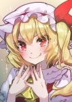  1girl ascot bad_id bad_twitter_id bangs beige_background blonde_hair blush commentary_request eyebrows_visible_through_hair fang fang_out flandre_scarlet frilled_shirt_collar frills gradient gradient_background hands_up hat hat_ribbon long_hair looking_at_viewer mob_cap one_side_up puffy_short_sleeves puffy_sleeves red_eyes red_ribbon red_vest ribbon shirt short_sleeves smile solo syuri22 touhou upper_body vest white_headwear white_shirt yellow_neckwear 