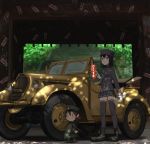  2girls :| akitsu_maru_(kantai_collection) annin_musou black_eyes black_footwear black_hair black_headwear black_jacket black_legwear black_skirt boots cape car chibi closed_mouth commentary_request dappled_sunlight fairy_(kantai_collection) frown gloves ground_vehicle gun hair_between_eyes hat holding holding_gun holding_paper holding_weapon jacket kantai_collection long_sleeves military military_uniform miniskirt motor_vehicle multiple_girls ofuda pale_skin paper peaked_cap pleated_skirt short_hair size_difference skirt stairs standing sunlight thighhighs torii type_95_reconnaissance_car uniform v-shaped_eyebrows weapon white_gloves wide_shot zettai_ryouiki 