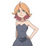  1girl alternate_hairstyle amanda_o&#039;neill bare_shoulders black_dress dress green_eyes little_witch_academia looking_at_viewer multicolored_hair orange_hair simple_background solo supure_(kitten) two-tone_hair white_background 