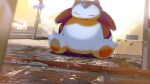  blurry blurry_foreground claws closed_eyes closed_mouth commentary day fangs fangs_out matwvv morning motor_vehicle no_humans outdoors pokemon pokemon_(creature) sitting snorlax solo 