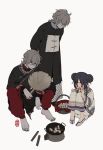 1girl 2boys arms_behind_back barefoot basket black_hair black_nails blush braid braided_ponytail brother_and_sister brothers chinese_clothes cooking double_bun eating fan flats floral_print food grey_eyes grey_hair hair_ribbon hair_scarf hat holding holding_food jiangshi knees_up leaf_fan long_hair long_sleeves looking_at_another mia0309 multiple_boys mushroom onii-chan_wa_zonbida original pale_skin pants pot qing_guanmao red_eyes red_pants ribbon sash siblings sidelocks simple_background single_braid sitting tangzhuang torn_clothes white_background wood 