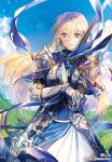  1girl armor artist_name blonde_hair blue_sky cloud cover cover_page day gauntlets grass holding holding_weapon interitio looking_at_viewer novel_cover novel_illustration official_art outdoors pauldrons polearm sky solo spear standing watermark weapon web_address 