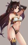  1girl armlet asymmetrical_legwear asymmetrical_sleeves bangs bare_shoulders bikini black_bikini_bottom black_bow black_hair black_legwear blush bow breasts cleavage closed_mouth detached_collar detached_sleeves dolce_(dolsuke) earrings fate/grand_order fate_(series) hair_bow highleg highleg_bikini hoop_earrings ishtar_(fate/grand_order) jewelry long_hair medium_breasts navel neck_ring parted_bangs red_eyes simple_background single_detached_sleeve single_thighhigh smile solo swimsuit thighhighs thighs tiara two_side_up white_bikini_top 