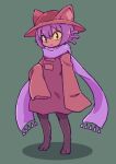  1other :&lt; aliasing animal_ears bangs barefoot black_eyes cat_ears closed_mouth commentary dress full_body furry green_background hand_up hat long_sleeves looking_at_viewer nazonazo_(nazonazot) niko_(oneshot) no_humans oneshot_(game) paws purple_hair purple_scarf red_dress red_headwear red_shirt scarf shiny shiny_hair shirt short_hair simple_background sleeveless sleeveless_dress sleeves_past_fingers sleeves_past_wrists solo standing yellow_sclera 