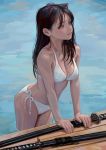  1girl animal_ears bikini black_hair blue_eyes breasts cat_ears collarbone extra_ears fkey highres katana long_hair looking_away medium_breasts open_mouth original poolside side-tie_bikini solo swimsuit sword weapon white_bikini 