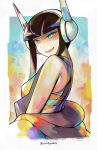  1girl :d back bangs black_hair blue_eyes blunt_bangs blush breasts eric_muentes gym_leader headphones kamitsure_(pokemon) long_hair looking_at_viewer open_mouth pokemon pokemon_(game) pokemon_bw2 smile solo 