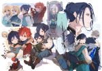  1girl 5boys alternate_costume arms_up belt black_hair blonde_hair blue_eyes book brothers brown_eyes brown_gloves closed_eyes closed_mouth coat dimitri_alexandre_blaiddyd eyepatch father_and_son felix_hugo_fraldarius fire_emblem fire_emblem:_three_houses flowerchorus from_side fur_trim gloves green_eyes holding holding_book hood hood_down ingrid_brandl_galatea long_hair long_sleeves looking_back multiple_boys one_eye_closed open_book open_mouth red_hair rodrigue_achille_fraldarius scabbard sheath sheathed short_hair siblings sitting sword sylvain_jose_gautier weapon younger 