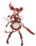  1girl belt black_legwear bow breasts brown_eyes cleavage dagger dual_wielding frown full_body highres holding holding_sword holding_weapon looking_at_viewer maid nine-bullet-revolver original red_hair short_sleeves short_sword simple_background small_breasts solo standing sword two_side_up weapon white_background white_bow 