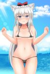  1girl :t animal_ear_fluff animal_ears ass_visible_through_thighs azur_lane bangs bare_arms bare_shoulders bikini black_bikini blue_sky blush bow_bikini breasts cameltoe cat_ears closed_mouth cloud collarbone commentary_request day eyebrows_visible_through_hair green_eyes grey_hair groin hair_between_eyes hammann_(azur_lane) hands_up horizon long_hair looking_at_viewer michou micro_bikini navel ocean outdoors pout sky small_breasts solo swimsuit thigh_gap v-shaped_eyebrows very_long_hair water wavy_mouth 