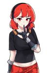  1girl black_shirt blush ehebai fortnite hair_ornament happy highres lexa_(fortnite) looking_at_viewer mechanical_parts red_eyes red_hair red_shorts shirt short_hair shorts simple_background smile solo white_background 
