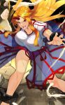  1girl :d arm_up bare_legs blonde_hair blue_skirt breasts buruma chain clenched_hand collarbone cuffs feet_out_of_frame horn hoshiguma_yuugi large_breasts long_hair looking_at_viewer open_mouth puffy_short_sleeves puffy_sleeves red_eyes rock see-through shackles shirt short_sleeves sidelocks skirt smile solo standing striped sukocchi thighs toned touhou touhou_cannonball v-shaped_eyebrows vertical-striped_skirt vertical_stripes white_shirt 