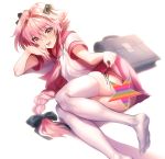  1boy astolfo_(fate) bag black_bow boba bow censored eyebrows_visible_through_hair fang fate/apocrypha fate/grand_order fate_(series) hair_bow lifted_by_self long_hair looking_at_viewer lying male_focus otoko_no_ko pink_eyes pink_hair pink_neckwear pink_skirt school_uniform serafuku short_sleeves simple_background skirt skirt_lift smile star_censor thighhighs white_background white_legwear 