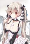  1girl absurdres azur_lane bangs bare_shoulders blush breasts choker commentary_request dress earrings eyebrows_visible_through_hair flight_deck formidable_(azur_lane) grey_hair hair_between_eyes hair_ribbon highres jewelry large_breasts long_skirt looking_at_viewer partial_commentary red_eyes ribbon rigging simple_background skirt solo twintails two-tone_dress two-tone_ribbon yukine 