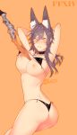  1girl absurdres animal_ears arms_behind_head ass bikini black_bikini blush breasts cleavage earrings fang final_fantasy final_fantasy_xiv grey_hair hair_between_eyes highres jewelry long_hair looking_at_viewer nipples orange_background parted_lips simple_background skelefuku solo sweatdrop swimsuit weapon yellow_eyes 