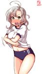  1girl alternate_costume artist_logo blue_buruma buruma commentary_request dated green_eyes grey_hair gym_uniform hair_tie highres kanon_(kurogane_knights) kantai_collection kinugasa_(kantai_collection) lifted_by_self looking_at_viewer medium_hair navel one_side_up remodel_(kantai_collection) shirt shirt_lift simple_background solo t-shirt undressing wavy_mouth white_background white_shirt 