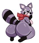 anthro big_breasts big_butt breasts butt crossgender eyelashes female hi_res huge_butt indigo_park kerchief kerchief_only lewdewott looking_back mammal markings mostly_nude neckerchief neckerchief_only procyonid purple_eyes raccoon rambley_raccoon red_kerchief red_neckerchief ring_(marking) ringed_tail solo striped_markings striped_tail stripes tail tail_markings thick_thighs wide_hips