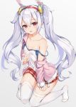  1girl :o animal_ears azur_lane bangs bare_shoulders breasts bunny_ears bunny_hair_ornament camisole collarbone eyebrows_visible_through_hair gradient gradient_background grey_background hair_between_eyes hair_ornament hairband jacket laffey_(azur_lane) long_hair long_sleeves looking_at_viewer miniskirt no_shoes noboru_(kamine204136) off_shoulder open_clothes open_jacket open_mouth pink_jacket pleated_skirt red_eyes red_hairband red_skirt shirt sidelocks silver_hair simple_background skirt sleeveless sleeveless_shirt small_breasts solo strap_slip thighhighs twintails v very_long_hair white_camisole white_legwear white_shirt zettai_ryouiki zipper_pull_tab 