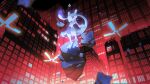  building commentary from_below glowing horns matwvv mewtwo night outdoors pokemon pokemon_(creature) purple_eyes rock solo toes 