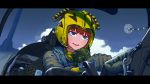  1girl blue_eyes blue_sky cloud cockpit commentary erica_(naze1940) gloves highres mask mask_removed military military_uniform original red_hair sky solo uniform 