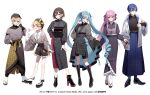  2boys 4girls aqua_hair aqua_nails artist_name baseball_cap beret black_footwear black_hat black_shirt black_shorts black_skirt blonde_hair blue_eyes blue_nails boots brown_hair chigusa_minori closed_mouth commentary_request crypton_future_media frilled_shirt frills full_body hair_between_eyes hair_ornament hairclip hand_up hat hatsune_miku high_heels highres jacket kagamine_len kagamine_rin kaito_(vocaloid) long_hair long_sleeves looking_at_viewer megurine_luka meiko_(vocaloid) mouth_pull multiple_boys multiple_girls nail_polish obi official_art one_eye_closed open_clothes open_jacket open_mouth piapro pink_hair pink_nails pink_ribbon purple_eyes ribbon sash shirt short_hair shorts simple_background skirt skirt_hold socks twintails very_long_hair vocaloid white_background white_jacket white_socks yellow_nails 