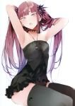  1girl absurdres armpits arms_up bangs black_dress black_legwear blunt_bangs choker dress fangs flat_chest highres jewelry long_hair looking_at_viewer necklace open_mouth original pendant pink_eyes pink_hair scan short_dress shunsei_(muratou) sitting solo strapless strapless_dress thighhighs tsurime 