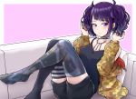  1girl absurdres ass bangs black_legwear black_shirt black_shorts blush breasts camouflage_jacket choker closed_mouth collarbone couch cushion diagonal_bangs earrings highres hoop_earrings idolmaster idolmaster_shiny_colors jewelry looking_at_viewer medium_breasts mismatched_legwear off_shoulder pink_background print_legwear purple_eyes purple_hair shirt short_twintails shorts simple_background sitting sleeveless sleeveless_shirt solo striped striped_legwear tanaka_mamimi thighhighs tokufumi twintails 