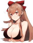  1girl azur_lane bangs bare_shoulders bikini black_bikini blush bow breasts brown_hair collarbone commentary_request cropped_torso eyebrows_visible_through_hair full-face_blush hair_between_eyes hair_bow halterneck kasuka_(kusuki) large_breasts looking_at_viewer red_bow red_eyes sidelocks simple_background solo sweat swiftsure_(azur_lane) swimsuit upper_body white_background 