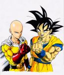  2boys bald black_eyes black_hair cape clenched_hand collarbone crossover dougi dragon_ball dragon_ball_z gloves highres lee_(dragon_garou) male_focus marker_(medium) multiple_boys muscle one-punch_man open_mouth red_gloves saitama_(one-punch_man) smile son_gokuu traditional_media white_background wristband zipper 