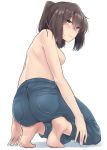  1girl absurdres akizuki_(kantai_collection) arms_at_sides ass back barefoot blue_eyes blush breasts brown_hair closed_mouth denim full_body highres jeans kantai_collection kiritto kneeling long_hair looking_at_viewer pants pantylines pocket ponytail shoulder_blades sideboob simple_background solo sweatdrop topless white_background 