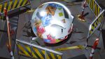  commentary electrode_(pokemon) explosive_symbol grey_eyes grin matwvv no_humans pokemon pokemon_(creature) smile solo sticker tape teeth v-shaped_eyebrows 