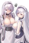  2girls alternate_costume apron azur_lane bangs belfast_(azur_lane) belfast_(azur_lane)_(cosplay) blue_eyes blush braid breasts broken broken_chain chain choker cleavage commentary_request cosplay enterprise_(azur_lane) eternity_(pixiv8012826) gauntlets highres large_breasts long_hair look-alike maid maid_apron maid_headdress multiple_girls purple_eyes silver_hair smile squiggle tagme very_long_hair 