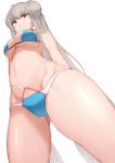  1girl ahoge alternate_costume azur_lane bangs bikini blue_bikini blush braid breasts commentary cowboy_shot double_bun eyebrows_visible_through_hair formidable_(azur_lane) formidable_(the_lady_of_the_beach)_(azur_lane) from_below grey_hair groin highres large_breasts long_hair looking_at_viewer navel parted_lips red_eyes shiny shiny_skin sidelocks sikijou77o simple_background solo stomach swimsuit thighs underboob very_long_hair white_background 