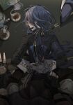  1boy 1girl arm_support arms_behind_back bent_over black_corset black_jacket blue_hair book book_stack clorinde_(genshin_impact) clothes_lift corset cuffs cup dark_blue_hair desk earrings erection fingerless_gloves fold-over_gloves frills from_above genshin_impact gloves grey_pants handcuffs hat hat_feather highres jacket jewelry long_hair low-tied_long_hair out_of_frame panties pants pantyhose rchella saucer scar scar_on_arm skirt skirt_lift steam tea teacup tears tricorne underwear unworn_hat unworn_headwear wriothesley_(genshin_impact) 