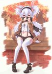  1girl absurdres animal_ears azur_lane bangs bench black_scarf breasts brick brick_wall brown_jacket bunny_ears commentary_request covering_face eyebrows_visible_through_hair hair_between_eyes hairband highres jacket laffey_(azur_lane) leaf long_hair looking_at_viewer miso_(b7669726) navel panties panties_under_shorts red_eyes scarf silver_hair sitting small_breasts stone striped striped_panties thighhighs tree twintails underwear wall white_legwear 