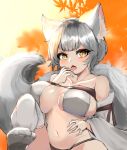  1girl absurdres animal_ear_fluff animal_ears bikini blush breasts detached_sleeves dominique_(dom1nique_ktn) finger_licking fox_ears fox_girl fox_tail highres large_breasts licking navel orange_background original short_eyebrows short_hair silver_hair slit_pupils solo swimsuit tail thick_eyebrows thighhighs white_legwear wide_sleeves yellow_eyes 