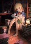  1girl absurdres ass bangs barefoot blonde_hair blue_eyes book braid commentary_request eyebrows_visible_through_hair hair_ribbon highres holding library long_hair long_sleeves looking_at_viewer nyoon original ribbon sitting skirt smile solo 