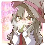  1girl bangs blush brown_eyes brown_hair brown_headwear character_name commentary_request covered_mouth cup dated eyebrows_visible_through_hair futaba_rio glasses hair_between_eyes happy_birthday hat holding holding_cup jako_(jakoo21) labcoat long_hair long_sleeves looking_at_viewer mug necktie open_clothes red_neckwear seishun_buta_yarou signature sleeves_past_wrists solo steam upper_body witch_hat 