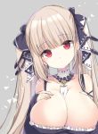  1girl azur_lane bangs breasts choker commentary_request dress earrings eyebrows_visible_through_hair formidable_(azur_lane) frilled_dress frills grey_background hair_between_eyes hamikoron hand_on_own_chest jewelry large_breasts long_hair looking_at_viewer multicolored multicolored_ribbon partial_commentary red_eyes ribbon shadow silver_hair simple_background solo twintails 