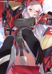  1girl antenna_hair artist_name azur_lane bangs blush breasts brown_eyes covered_nipples cup eyebrows_visible_through_hair food gainoob garter_straps hair_between_eyes headgear holding holding_food iron_cross large_breasts long_hair long_sleeves looking_at_viewer multicolored_hair prinz_eugen_(azur_lane) red_hair rigging silver_hair sitting smile solo streaked_hair thighhighs tongue tongue_out two_side_up very_long_hair wide_sleeves 