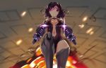  1girl android bare_shoulders black_hair breasts commentary dual_wielding explosion expressionless girls_frontline gun highres holding looking_at_viewer looking_down navel purple_eyes ripper_(girls_frontline) sangvis_ferri short_hair small_breasts solo tad_liou weapon 