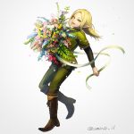  1boy absurdres blonde_hair boots bouquet elf erik_burton flower green_eyes highres long_hair looking_at_viewer male_focus open_mouth pointy_ears pop-up_story simple_background smile solo twitter_username umino_kiri white_background 