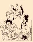  2boys cloud dougi dragon_ball dragon_ball_z eye_contact fangs frieza hands_on_hips height_difference highres lee_(dragon_garou) long_tongue looking_at_another male_focus monochrome multiple_boys muscle parody saliva son_gokuu spikes tail tongue tongue_out tree wristband 