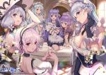  6+girls absurdres ahoge apron azur_lane bangs belfast_(azur_lane) blue_eyes blush bow braid breasts chain cleavage collar collarbone cygnet_(azur_lane) cygnet_(offer_has_been_maid)_(azur_lane) double_bun dress elbow_gloves eyebrows_visible_through_hair french_braid frills gloves green_eyes hair_bow hair_ornament hair_ribbon hands_together hat highres huge_filesize illustrious_(azur_lane) javelin_(azur_lane) kneeling lace_trim large_breasts long_hair looking_at_viewer maid maid_headdress multiple_girls official_art one_side_up open_mouth parted_lips ponytail puffy_short_sleeves puffy_sleeves purple_eyes purple_hair ribbon short_sleeves side_bun silver_hair sirius_(azur_lane) sitting smile standing strapless strapless_dress stuffed_animal stuffed_toy stuffed_unicorn sun_hat thighhighs unicorn_(azur_lane) very_long_hair white_dress white_gloves white_legwear yume_ou 