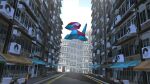  black_eyes building commentary day floating matwvv no_humans outdoors pokemon pokemon_(creature) porygon road sidewalk sky solo street window 
