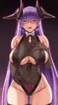  1girl alternate_costume ass_visible_through_thighs azur_lane bangs bare_shoulders black_gloves black_legwear black_leotard blue_eyes blunt_bangs blush breasts cleavage collarbone commentary_request covered_navel demon_horns elbow_gloves eyebrows_visible_through_hair glasses gloves gneisenau_(azur_lane) gneisenau_(nightmarish_succubus)_(azur_lane) half-closed_eyes halloween_costume hand_on_own_chest heart heart-shaped_pupils heavy_breathing highres horns large_breasts leotard long_hair open_mouth pubic_tattoo purple_hair rectangular_eyewear red-framed_eyewear see-through shuugetsu_karasu skindentation smile solo standing symbol-shaped_pupils tattoo thigh_gap thighhighs underboob underboob_cutout very_long_hair 