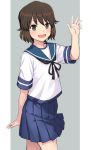  1girl bangs black_neckwear blue_sailor_collar blue_skirt blush brown_eyes brown_hair eyebrows_visible_through_hair kantai_collection kumadano miyuki_(kantai_collection) open_mouth pleated_skirt sailor_collar school_uniform serafuku short_hair short_sleeves simple_background skirt solo waving 