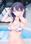  1girl absurdres adjusting_hair arms_up bangs bare_shoulders bikini black_hair blue_eyes blush breasts cleavage closed_mouth collarbone hair_between_eyes hands_on_head highres indoors large_breasts long_hair looking_at_viewer midriff navel orange_scrunchie pool rei_no_pool scrunchie shiroi_ume solo ssss.gridman straight_hair swimsuit takarada_rikka water wet wet_hair wrist_scrunchie 