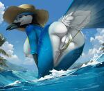 2024 anthro anus areola avian beak big_breasts biped bird black_beak black_body black_feathers blue_body blue_feathers blue_jay breasts butt clothing clothing_aside corvid detailed_background digital_media_(artwork) feathers female female_anthro genitals hat headgear headwear hi_res humanoid_genitalia humanoid_pussy jay_(bird) looking_at_viewer looking_back looking_back_at_viewer multicolored_body multicolored_feathers new_world_jay nipples oscine outside partially_submerged passerine penny_(truegrave9) presenting presenting_anus presenting_hindquarters presenting_pussy pussy smile solo sun_hat swimwear swimwear_aside tail tail_feathers truegrave9 white_body white_feathers